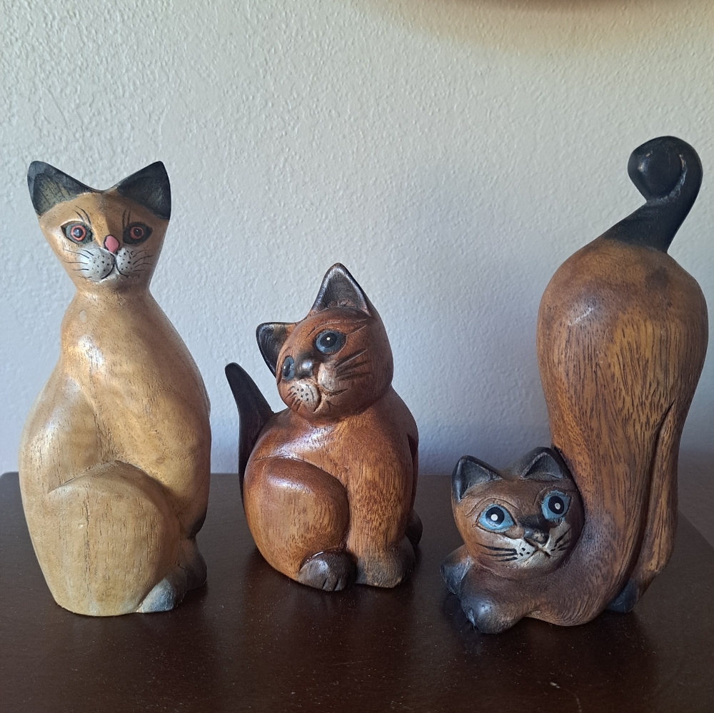 3 Wood Hand Carved CATS. Wood Carving Detail Is Amazing